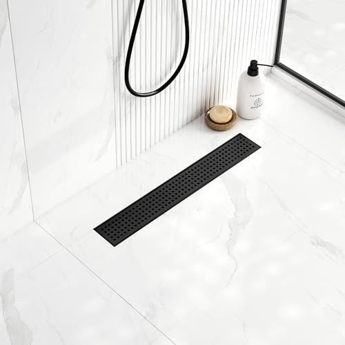 Neodrain 18-Inch Matte Black Linear Shower Drain,Stainless Steel Linear Drain with Quadrato Pattern Grate,Matte Black Rectangle Shower Floor Drain with Hair Strainer, Shower Drain Base - color: Matte Black, size: 18 In