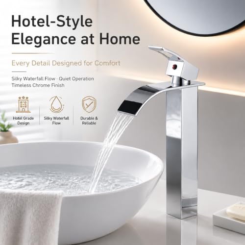 VOTON Vessel Sink Faucet Chrome Modern Tall Waterfall Bathroom Sink Faucet with Pop-Up Drain Single Handle Bathroom Faucet 1 Hole Bowl Lavatory Vanity Faucet, Rv Sink Camper Farmhouse Bathroom Faucet - color: Chrome, size: Tall