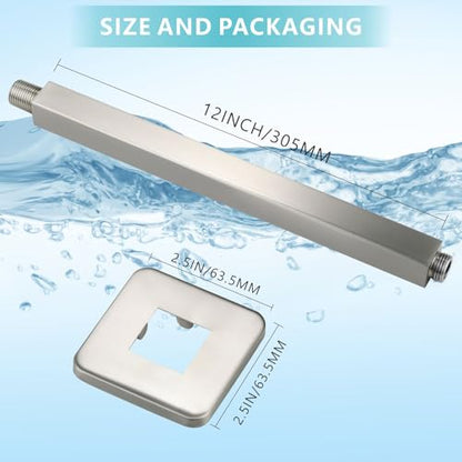 Ceiling Mounted Shower Arm with Flange, Universal Connection 1/2 NPT Straight, Made of Thicken Stainless Steel, Square Extension Arm for Fixed Rain Shower Head(12 Inch,Brushed Nickel) - color: Brushed Nickel, style: 12 Inch