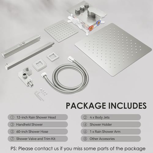 STARBATH Shower Systems with 4 Body Spray Jets, 12" Rainfall Shower Head with Handheld Combo, Can Use All at Once, Push Button Shower Jets System in Wall Shower Faucet Sets Complete,Brushed Nickel - color: Brushed Nickel, size: 12"-04