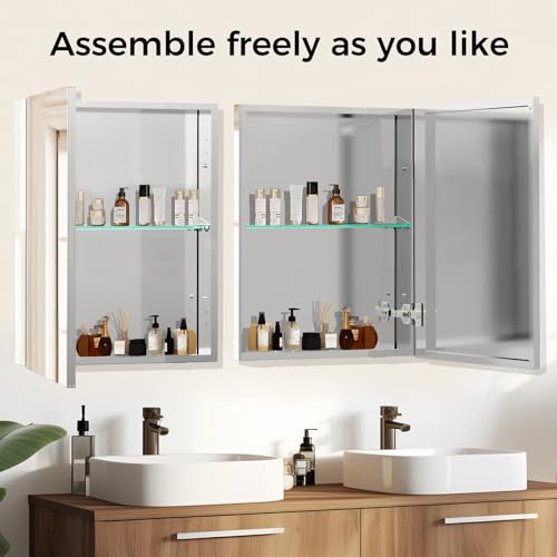 14 x 18 Inch Bathroom Medicine Cabinet with Mirror, Medicine Cabinet Mirror, Bathroom Mirror with Storage with One Adjustable Shelf, Assembly Required, Support Recessed or Surface Mount - size: 14 x 18