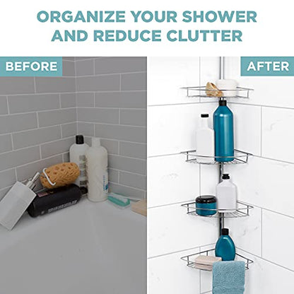 Zenna Home Tension Pole Shower Caddy, Adjustable Corner Shower Storage System with 4 Baskets and Built in Towel Bar, Rust-Resistant Bathroom Organization Solution, 60 to 97 Inch, Chrome
