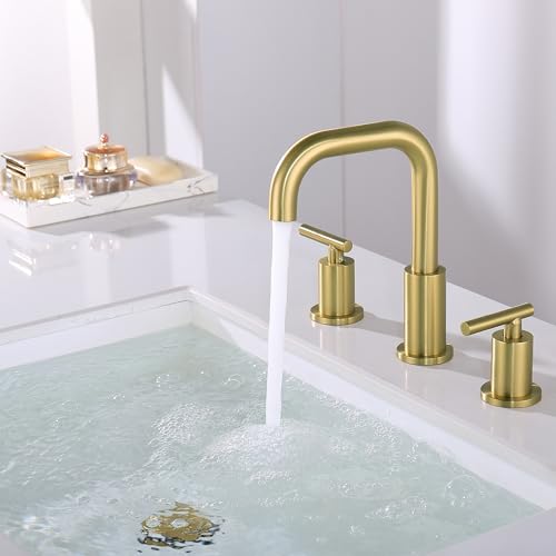 ChiLDano Brushed Gold Bathroom Faucets 3 Hole with Drain and Supply Hose | 2 Handles Brushed Gold Widespread Bathroom Faucet for Sink 3 Hole, 8 inch Bathroom Sink Countertop Faucet Matte Gold CH3166BG - color: Brushed Gold