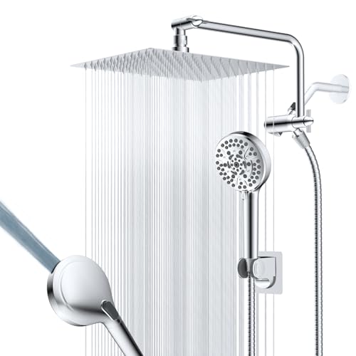 12" Metal Rainfall Shower Head with 10-Mode Handheld, Chrome | NSF/ANSI/CAN 372 Certified, High Pressure Showerhead Combo with 11" Adjustable Shower Arm, 71" Hose, Shower Head Holder - color: Chrome, style: Square 12"