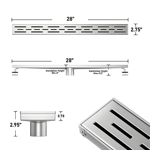 Linear Shower Drain 28" Brushed 304 Stainless Steel | with Drain Grate | Fast Drainage | Stainless Floor Drain Grate | Hair Strainer | Drain Key | The Upgrade for Your Bathroom - size: 28 Inch