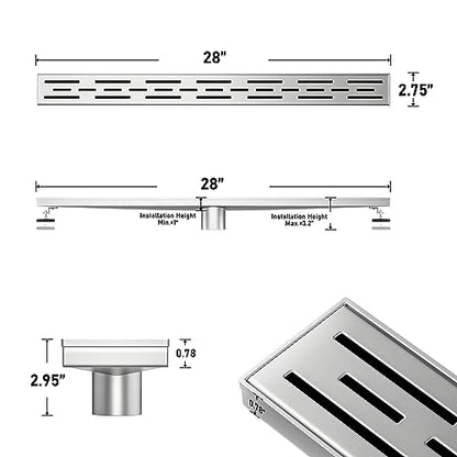 Linear Shower Drain 28" Brushed 304 Stainless Steel | with Drain Grate | Fast Drainage | Stainless Floor Drain Grate | Hair Strainer | Drain Key | The Upgrade for Your Bathroom - size: 28 Inch