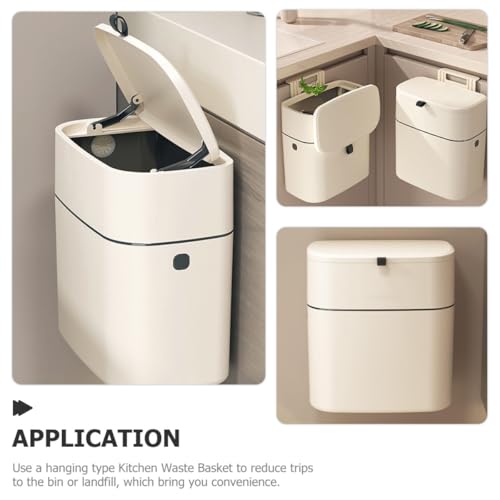 KOMBIUDA 12l Hanging Trash Can with Lid, Wall-Mounted Sealed Garbage Bin for Kitchen and Bathroom, No-Drill Installation, Plastic Waste Container in Light Beige for Home Organization