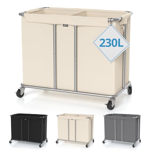 Hodonas Rolling Laundry Hamper 2-Section, Beige, 31.5"Lx15.75W"x30.7"H | 230L(61Gal) Storage Capacity, with Metal Structure, Removable Liner, and Silent Casters, Sturdy Clothes Hamper for Home