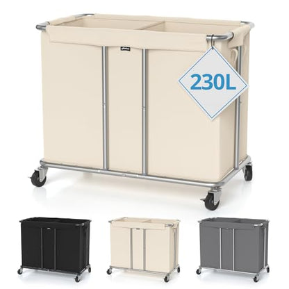 Hodonas Rolling Laundry Hamper 2-Section, Beige, 31.5"Lx15.75W"x30.7"H | 230L(61Gal) Storage Capacity, with Metal Structure, Removable Liner, and Silent Casters, Sturdy Clothes Hamper for Home