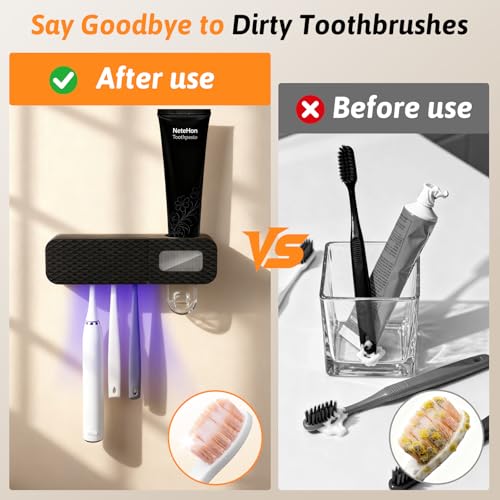 Smart Wall-Mounted Toothbrush Holder for Bathroom Black Toothbrush Storage Organizer with 3 Slots Toothbrush Holders with Toothpaste Dispenser for Drying Function