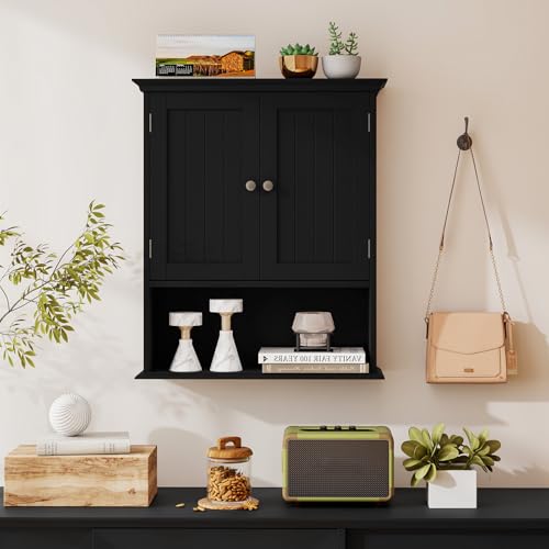 Bathroom Wall Cabinet, Over the Toilet Storage Cabinet with 2 Doors, 3 Heights Adjustable Shelf & Open Shelf, Wooden Hanging Medicine Cabinet for Bathroom, Kitchen, Living & Laundry Room, Black - color: Black