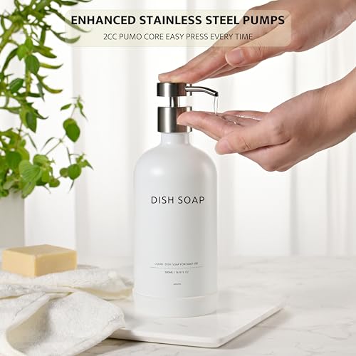 Glass Soap Dispenser Bathroom Set by Janxin, Foaming Kitchen soap Dispenser with Ceramic Tray for Dish Soap, Liquid Soap Dispenser for Hand Soap, Lotion, Body Wash (White+Silver) - color: White Silver D