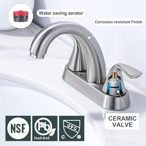 Brushed Nickel Bathroom Sink Faucet, 4 Inch Centerset Bathroom Faucet | ALEASHA 2 Handles Vanity Faucet with Pop Up Drain Stopper, RV Lavatory Vanity Faucets with Aesthetic Appeal - color: Brushed Nickel
