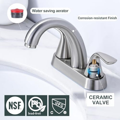 Brushed Nickel Bathroom Sink Faucet, 4 Inch Centerset Bathroom Faucet | ALEASHA 2 Handles Vanity Faucet with Pop Up Drain Stopper, RV Lavatory Vanity Faucets with Aesthetic Appeal - color: Brushed Nickel