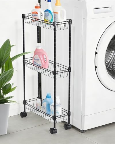 GarveeHome Slim Rolling Storage Cart, 3 Tier Metal Utility Cart with Wheels, Adjustable Shelving Unit Basket for Kitchen Bathroom Laundry Room Living Room & Narrow Corner, 15.75"X5.91"X31.5", Black - size: 3 Tier