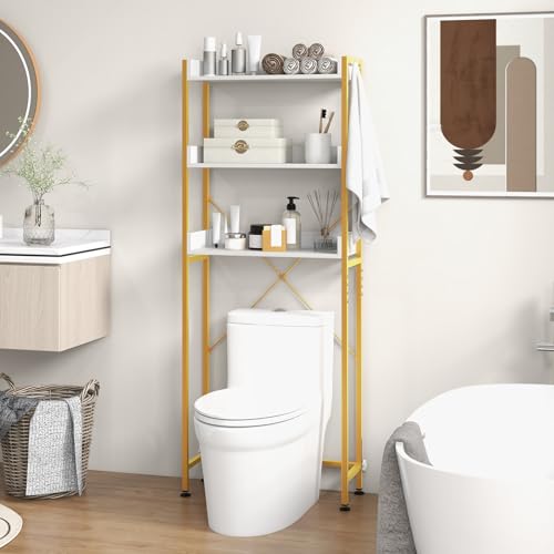 Giantex Over The Toilet Storage Shelf, 3-Tier Freestanding Space Saver Above Toilet with 4 Hooks, Adjustable Bottom Bar, Over Toilet Bathroom Organizer for Restroom, Laundry, Easy Assembly - color: White + Gold