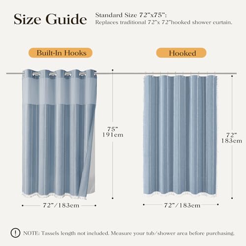 Blue Ringless Boho Striped Tassel Shower Curtain with Snap Liner 72x75 | Heavy Duty Linen Blend, 3 in 1 Shower Curtain Set, Farmhouse Style, Waterproof & Washable, Mesh Top Window, Easy to Install - color: Blue, size: 72"W x 75"L (Pack of 1)