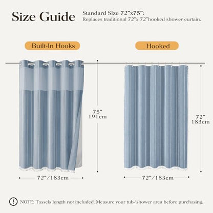 Blue Ringless Boho Striped Tassel Shower Curtain with Snap Liner 72x75 | Heavy Duty Linen Blend, 3 in 1 Shower Curtain Set, Farmhouse Style, Waterproof & Washable, Mesh Top Window, Easy to Install - color: Blue, size: 72"W x 75"L (Pack of 1)