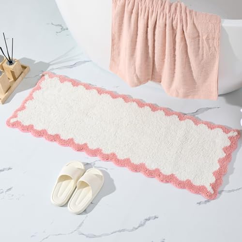 ORTIGIA Long Cute Scalloped Bathroom Rugs Runner, Fun White and Pink Plush Microfiber Scallop Bath Mats Non Slip Washable Quick Dry Absorbent, Rug Carpet for Bathtub Sink Laundry Room Bedroom, 17x47 - color: A-pink and White, size: 1'5" x 3'11" (Rectangul
