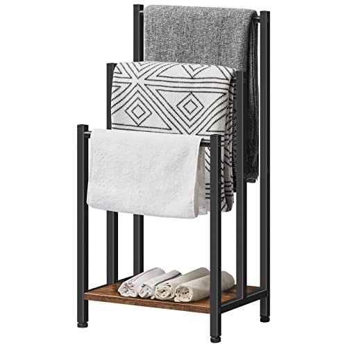 HOOBRO Free Standing Towel Rack, 3 Tier Blanket Rack, Blanket Holder for Bathroom, 16.9" L x 11" W x 31.9" H, Industrial Metal Drying and Display Rack with Shelf, Rustic Brown and Black BF03LB01 - color: Rustic Brown + Black, size: 16.9"L x 11"W x 31.9"H