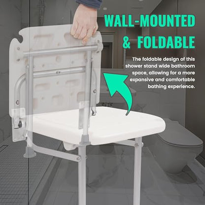 KUAFU Folding Shower Seat, Wall Mounted Bathroom Bathtub Safety Stool, | 18.31"x16.34"x3.54" Foldable Shower Chair W/Support Legs for Inside Shower, Seniors, Elderly and Disabled White 400LBS