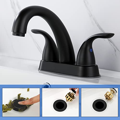 J-HVA 2 Handle 4 Inch Bathroom Sink Faucet with Pop up Drain, Matte Black | 4 Inch Centerset Faucet for Lavatory Bathroom Sink, Professional Modern Vessel Deck Mount Vanity rv Faucet with Supply Lines - color: Matte Black