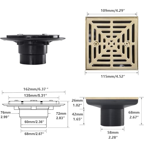 RANDOM Brushed Gold Shower Drain 4 inch Square Shower Drain with Adjustable PVC Base Flange,SUS304 Stainless Steel Shower Floor Drain with Removable Cover Grid Grate - color: B-brushed Gold-4″ Square With Base Flange