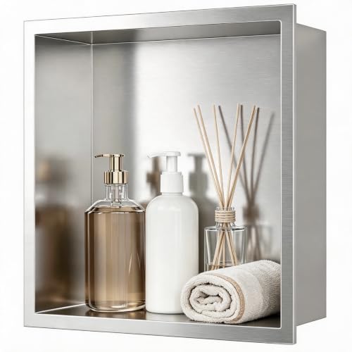 SaniteModar Stainless Steel Shower Niche Insert 12" x 12" Brushed Silver | No Tile Needed, Recessed Bathroom Niche, Shelfless, Waterproof, Space-saving, Leakproof, Built-in Storage for Bathroom - color: Brushed Silver, size: 12" x 12", Single