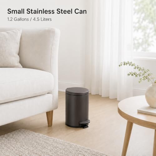 TIPGO Small Bathroom Trash Can with Lid Soft Close, 1.2 Gal, Brown | Hands-Free Step Pedal, Removable Inner Bucket, 4.5 Liters, Round Stainless Steel Garbage Can for Bedroom, Office, Kitchen - color: Brown