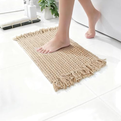 Waffle Bath Mat, Super Absorbent Waffle Bathroom Rug with Tassels, Non Slip Bath Mats for Bathroom Floor, Ultra Soft Boho Bath Mat, Quick Dry Shower Mat, Machine Washable, 17"×24", Khaki - size: 17"x24"