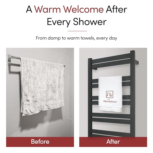 WarmlyYours Grande Heated Towel Rack, 12 Bars, Matte Black | Wall-mounted electric towel warmer rack and dryer, 120V hardwired, flat heated bars for towels and bathrobes - color: Matte Black, size: 12 Bars