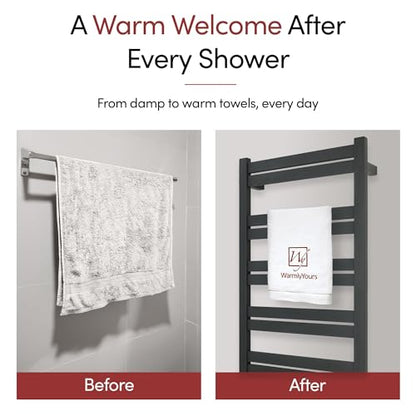 WarmlyYours Grande Heated Towel Rack, 12 Bars, Matte Black | Wall-mounted electric towel warmer rack and dryer, 120V hardwired, flat heated bars for towels and bathrobes - color: Matte Black, size: 12 Bars