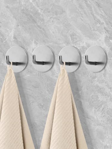 4 Pcs Stainless Steel Adhesive Hooks, Heavy Duty Waterproof in Shower Hook for Hanging Loofah, Towels, Clothes, Robes for Bathroom Removable Adhesive Wall Door Hangers, Silver - color: Silver, size: Round