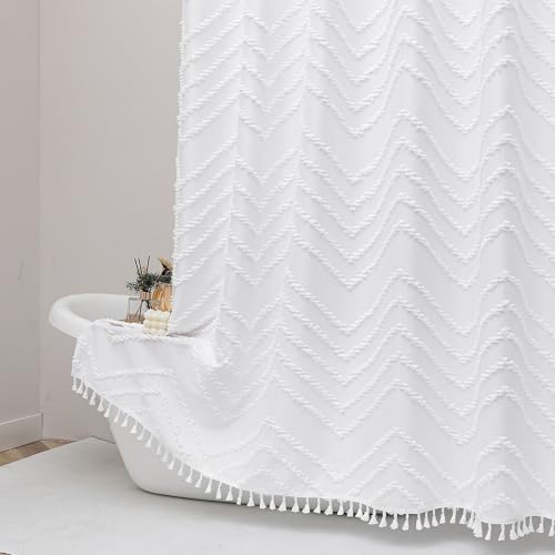 White Fabric Shower Curtain, Boho Shower Curtains for Bathroom Chic Tufted Chevron Striped Textured with Tassel, Soft Hotel Style Farmhouse, Machine Washable, 72x78, White - color: White, size: 72"W x 78"L (Pack of 1)