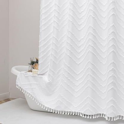 White Fabric Shower Curtain, Boho Shower Curtains for Bathroom Chic Tufted Chevron Striped Textured with Tassel, Soft Hotel Style Farmhouse, Machine Washable, 72x78, White - color: White, size: 72"W x 78"L (Pack of 1)