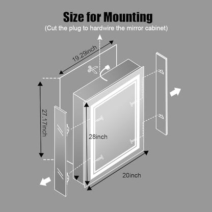 High-End Led Medicine Cabinet,Lighted Medicine Cabinet,3 Colors&Dimmable,Demister,Lighted Glass Shelf,USB Shaver Socket.Surface Mount or Recess Mount,20×28inch - size: 20×28inch