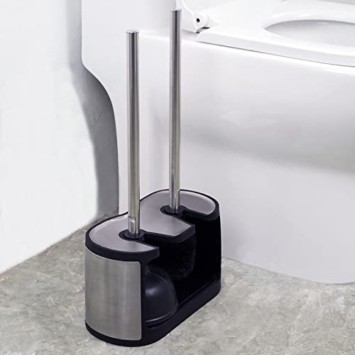 Casaphoria Stainless Steel Toilet Bowl Brush with Holder and Plunger Set, Freestanding Canister for Bathroom, 2 in 1 Hideaway Holder Heavy Duty Unclogger Plunger - style: Deluxe Long_handle