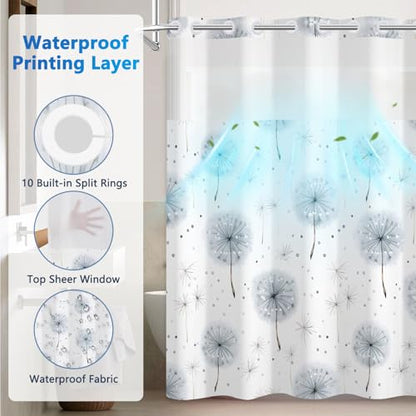 No Hook Shower Curtain and Liner Set, Grey Dandelion Farmhouse Waterproof Shower Curtain with Mesh Top Window and Weighted Hem, Machine Washable Shower Curtains for Bathroom and Hotel, 71" W x 74" L - color: Flying Dandelion
