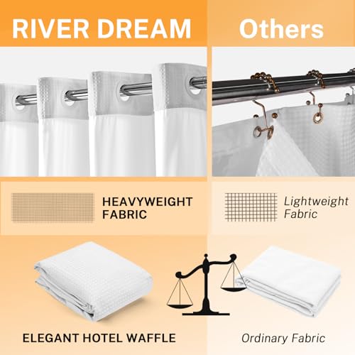 River Dream No Hooks Shower Curtain with 2 Snap in Liner, White, 71Wx74H | Waffle Weave, 1 Attached Snap in Liner and 1 Extra Replacement Liner, Bathroom Curtains Shower Set, Hotel Grade, Spa Like - color: White