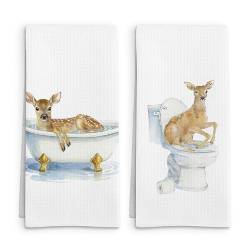 Funny Deer Gifts for Kids Women Hand Towels Set of 2, Forest Deer Hand Towel, Cute Forest Cabin Animal Decorative Towels for Bathroom, Funny Deers Lovers Kids Bathroom Decor, 16x24in - color: Deer