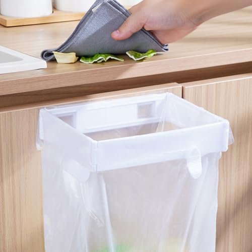 Foldable Wall-Mounted Trash Rack – No Drill Collapsible Hanging Garbage Bag for Cabinet Doors Table Sides Kitchen Bathroom Office ﻿ (White) - color: White