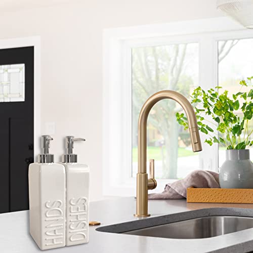 Soap Dispenser Set with Stainless Steel Pump, 2 Pack Ceramic Refillable Dish Soap and Hand Soap Dispenser for Kitchen, Bathroom, Matte White - color: White
