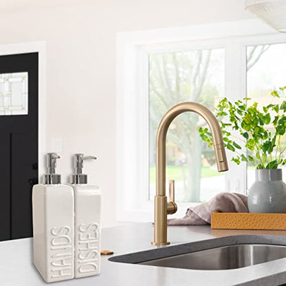 Soap Dispenser Set with Stainless Steel Pump, 2 Pack Ceramic Refillable Dish Soap and Hand Soap Dispenser for Kitchen, Bathroom, Matte White - color: White