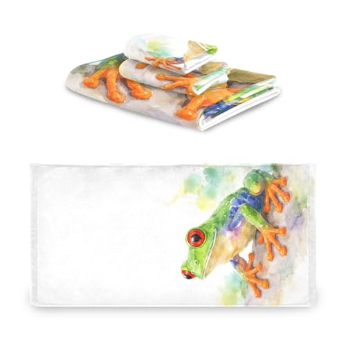 ALAZA Towel Bathroom Sets, Watercolor Red Eyed Green Frog Towels 3-Piece 1 Bath Towel 1 Washcloth 1 Hand Towel, Bath Towel Set of 3 Soft Multifuntion for Home Kitchen Hotel Gym Swim Spa - color: Multi03