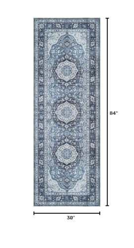 Bloom Rugs Caria Washable Non-Slip 7 ft Runner - Blue Traditional Runner for Entryway, Hallway, Bathroom, and Kitchen - Exact Size: 2'6" x 7' - color: Blue, size: 2'6" x 7' (Runner)
