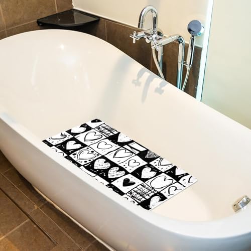 Bath Tub Mat Non Slip 15.1 x 26.8 Inch, Doodle Checkerboard Texture and Hearts Eco Friendly Bathmat with Suction Cups Drain Holes Shower Tub Mats - color: Multi 07