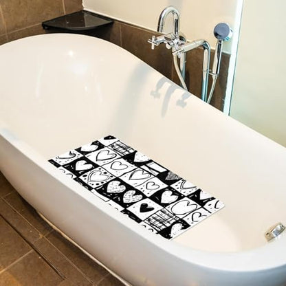 Bath Tub Mat Non Slip 15.1 x 26.8 Inch, Doodle Checkerboard Texture and Hearts Eco Friendly Bathmat with Suction Cups Drain Holes Shower Tub Mats - color: Multi 07