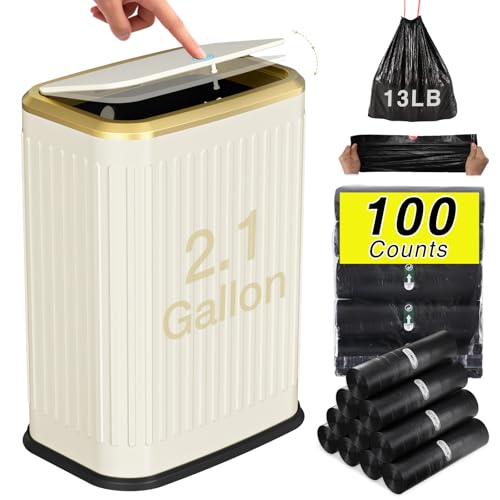 Bathroom Trash Can with Lid, 8L/2.1 Gallon Beige Trash Can Small Garbage Can with Press Top Lid Slim Stainless Steel Garbage Can with 100 Counts Trash Bags for Bathroom Bedroom Kitchen Office Toilet - color: Beige Stripe, size: Press-Top Trash Can