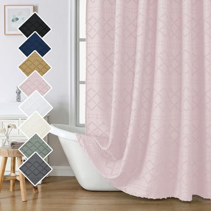 Blush Pink Stall Boho Shower Curtain, Modern Tufted Plaid Striped Narrow Half Size Fabric Shower Curtain, Farmhouse Clip Jacquard Textured Shower Curtains for Bathroom, 36" Wx72 L - color: Blush Pink, size: 36"W x 72"L (Pack of 1)