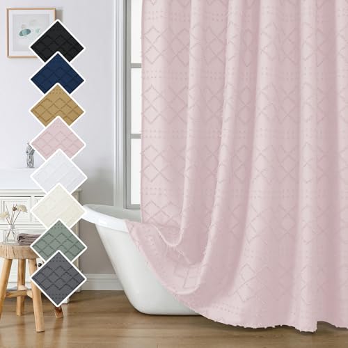 Blush Pink Boho Shower Curtain 72x84 Inches, Modern Plaid Stripes Cloth Shower Curtain for Bathroom, Chic Tufted Textured Jacquard Farmhouse Fabric Shower Curtain - color: Blush Pink, size: 72"W x 84"L (Pack of 1)